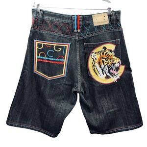 Coogi Denim Shorts Men's 38 Black Y2K Tiger Embroidered Baggy Hip Hop Streetwear